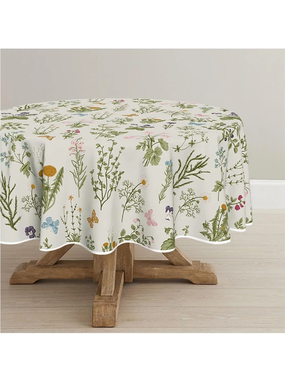 NEW Horaldaily Spring Tablecloth 90” Round Watercolor Wildflowers Herbs Washable
